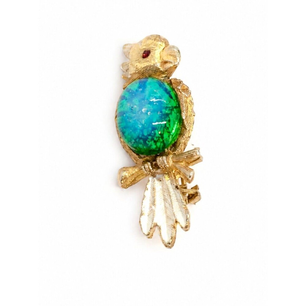 Vintage Jelly Belly Brooch Bird Blue Green Glass Figural Gold Tone